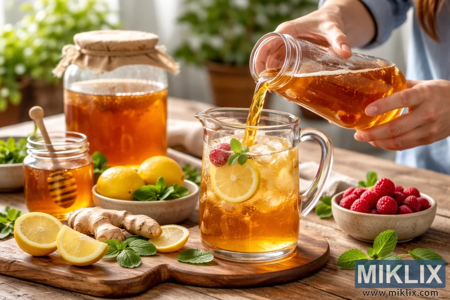 Primer pla de mans que aboquen kombucha ambre d'un pot a una gerra de vidre amb llimona, menta i gerds sobre una taula de cuina de fusta.