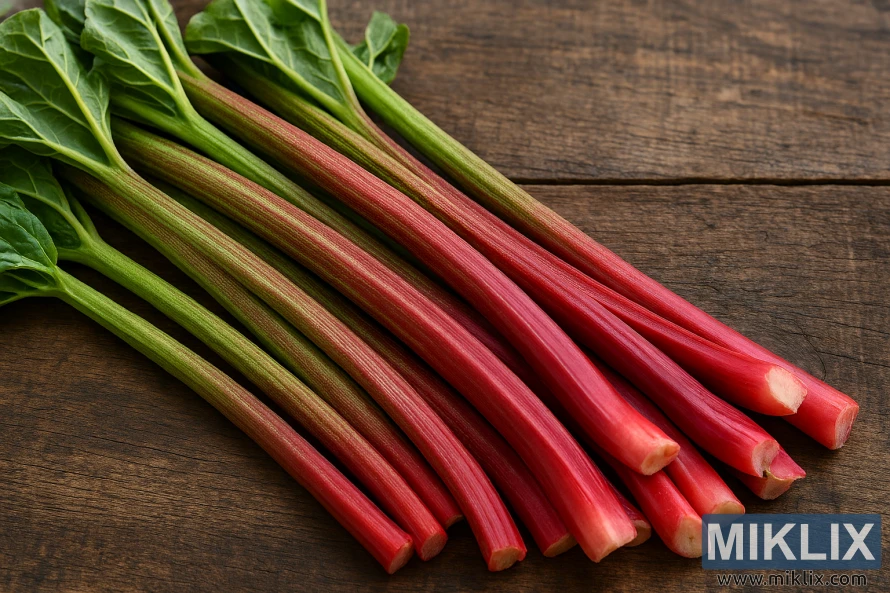 Vibrant red and green rhubarb stalks laid out on a rustic wooden surface Vibrant red and green rhubarb stalks laid out on a rustic wooden surface