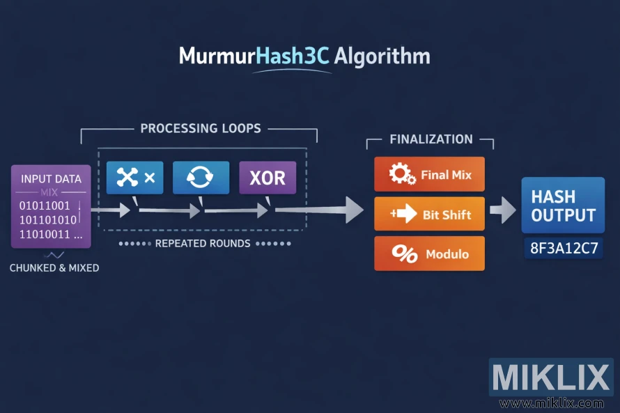Infographic showing MurmurHash3C flow from binary input through repeated mixing steps to final hash output.