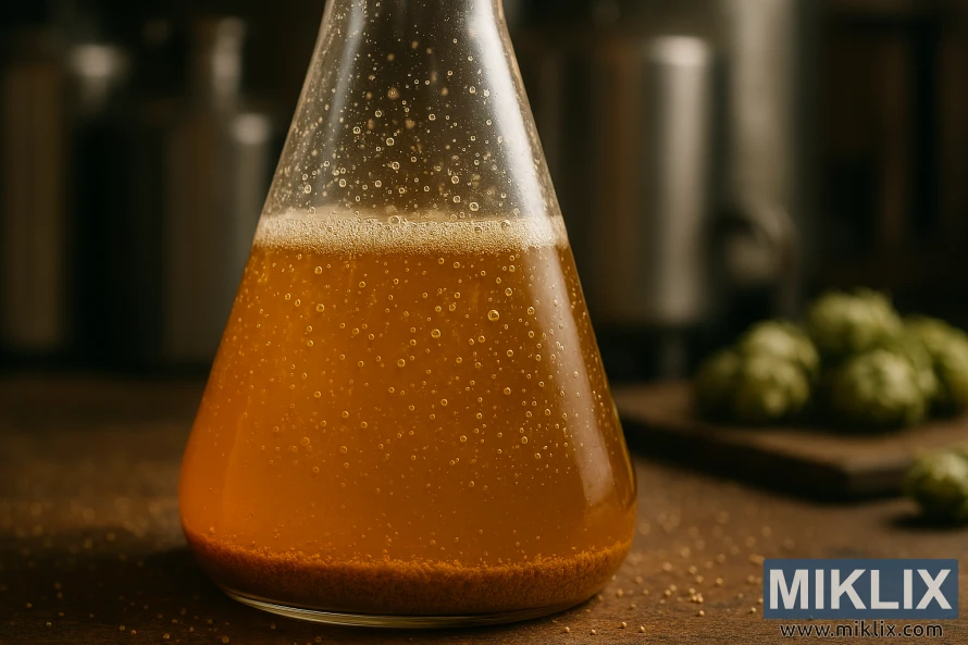 Close-up of a glass flask with hazy amber beer, yeast particles, sediment, and brewing equipment in background