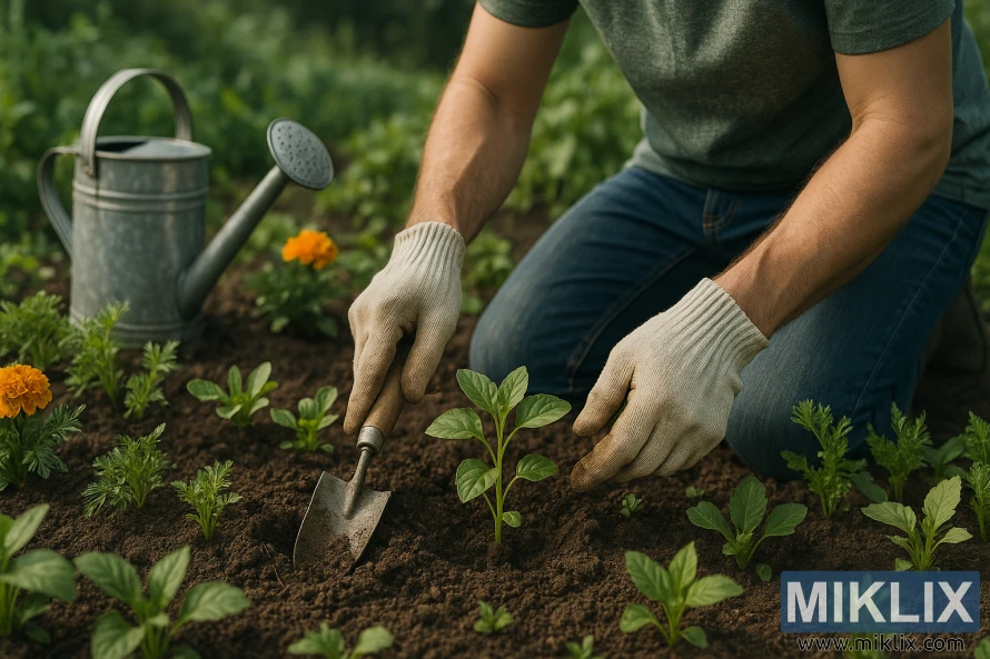 Gardener in gloves planting a leafy seedling in soil with marigolds and a watering can nearby.