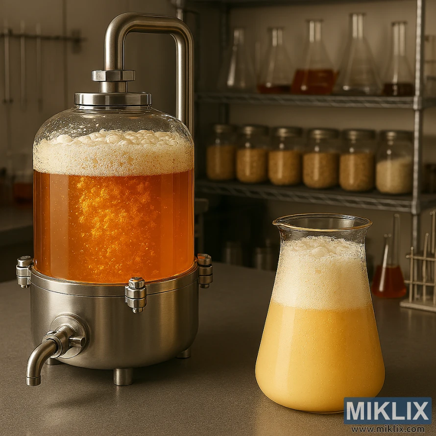 Stainless steel fermentation vessel with bubbling golden ale and a glass beaker of active yeast culture on a gray countertop in a warm, organized brewing lab. Stainless steel fermentation vessel with bubbling golden ale and a glass beaker of active yeast culture on a gray countertop in a warm, organized brewing lab.