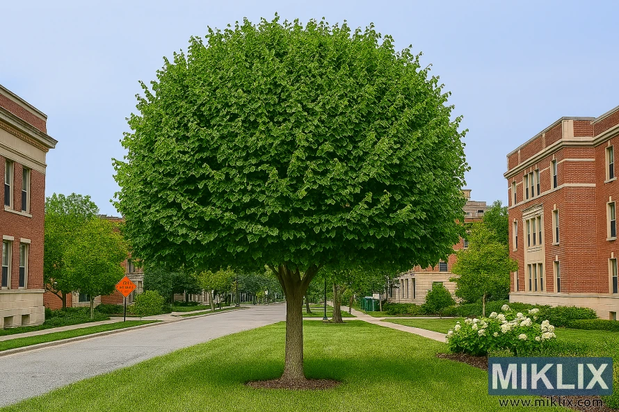 Symmetrisk lindetre med hjerteformede blader som vokser i bymiljø mellom bygninger av rød murstein