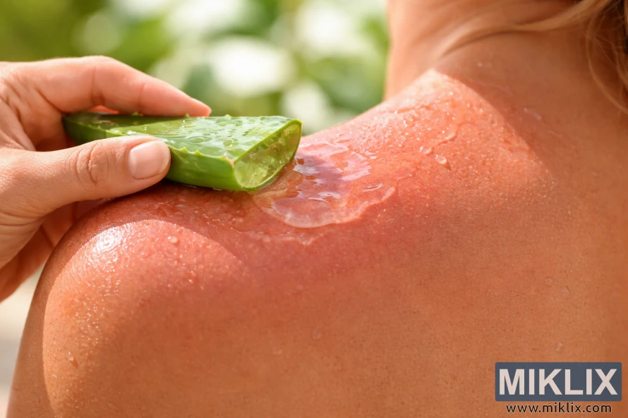 Close-up of a hand applying fresh aloe vera gel from a cut leaf onto pink, sunburned shoulder skin in natural light. Close-up of a hand applying fresh aloe vera gel from a cut leaf onto pink, sunburned shoulder skin in natural light.