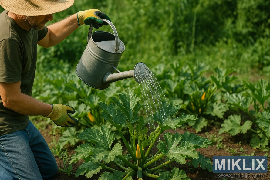ਧੁੱਪ ਵਾਲੇ ਬਾਗ਼ ਵਿੱਚ ਮਾਲੀ ਗੋਡਿਆਂ ਭਾਰ ਬੈਠ ਕੇ ਸਿਹਤਮੰਦ ਉਲਚੀਨੀ ਪੌਦਿਆਂ ਨੂੰ ਧਾਤ ਦੇ ਪਾਣੀ ਦੇਣ ਵਾਲੇ ਡੱਬੇ ਨਾਲ ਪਾਣੀ ਦਿੰਦਾ ਹੋਇਆ। ਧੁੱਪ ਵਾਲੇ ਬਾਗ਼ ਵਿੱਚ ਮਾਲੀ ਗੋਡਿਆਂ ਭਾਰ ਬੈਠ ਕੇ ਸਿਹਤਮੰਦ ਉਲਚੀਨੀ ਪੌਦਿਆਂ ਨੂੰ ਧਾਤ ਦੇ ਪਾਣੀ ਦੇਣ ਵਾਲੇ ਡੱਬੇ ਨਾਲ ਪਾਣੀ ਦਿੰਦਾ ਹੋਇਆ।