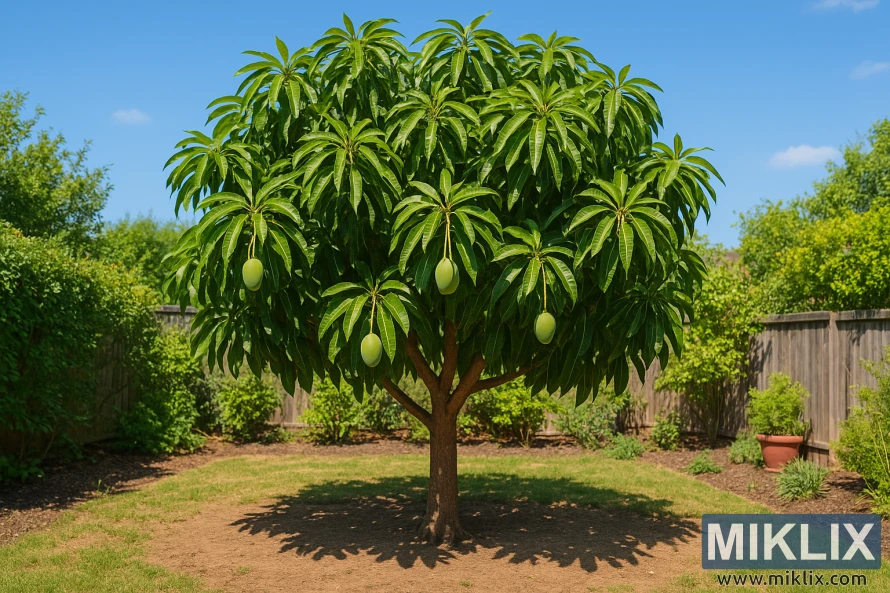 A healthy mango tree with green leaves and unripe fruits growing in full sun in a neatly spaced home garden.