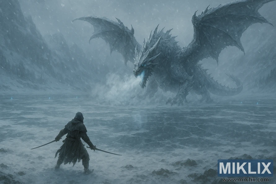 Scena semi-realistica dall'alto di un guerriero solitario con due katane che affronta un enorme drago di gelo su un vasto lago ghiacciato durante una bufera di neve. Scena semi-realistica dall'alto di un guerriero solitario con due katane che affronta un enorme drago di gelo su un vasto lago ghiacciato durante una bufera di neve.