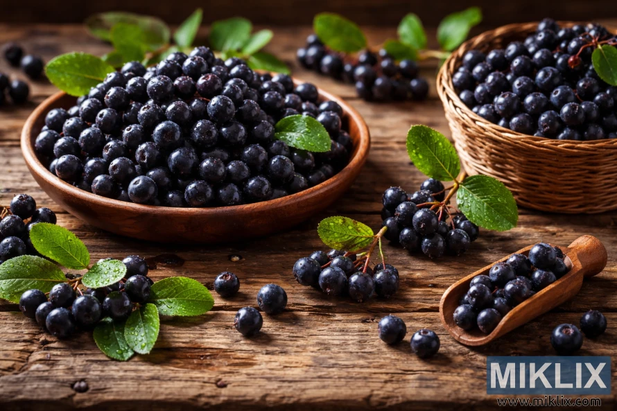 हिरव्या पानांनी आणि पाण्याच्या थेंबांनी सजवलेल्या एका ग्रामीण लाकडी टेबलावर लाकडी वाट्या आणि टोपल्यांमध्ये पिकलेल्या अरोनिया बेरी.