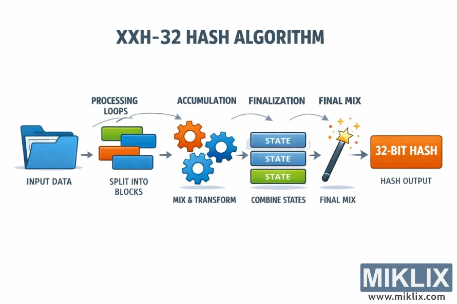 Infographic showing the XXH-32 hashing process from input data through block processing, mixing, state combination, and final 32-bit hash output.