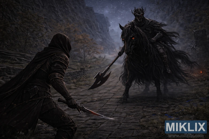 Fan art sombria e semi-realista de Elden Ring mostrando o Maculado com armadura Black Knife a enfrentar uma Cavalaria da Noite muito mais próxima na Bellum Highway, momentos antes do combate.