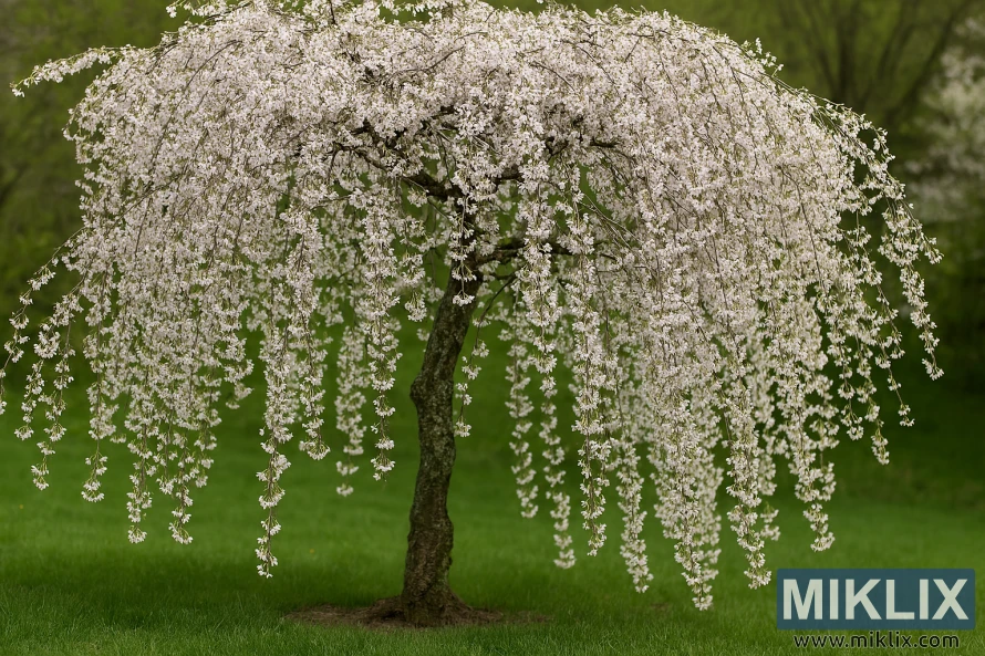 Плакучая вишня с каскадом бело-розовых цветов на фоне пышной зелени Плакучая вишня с каскадом бело-розовых цветов на фоне пышной зелени