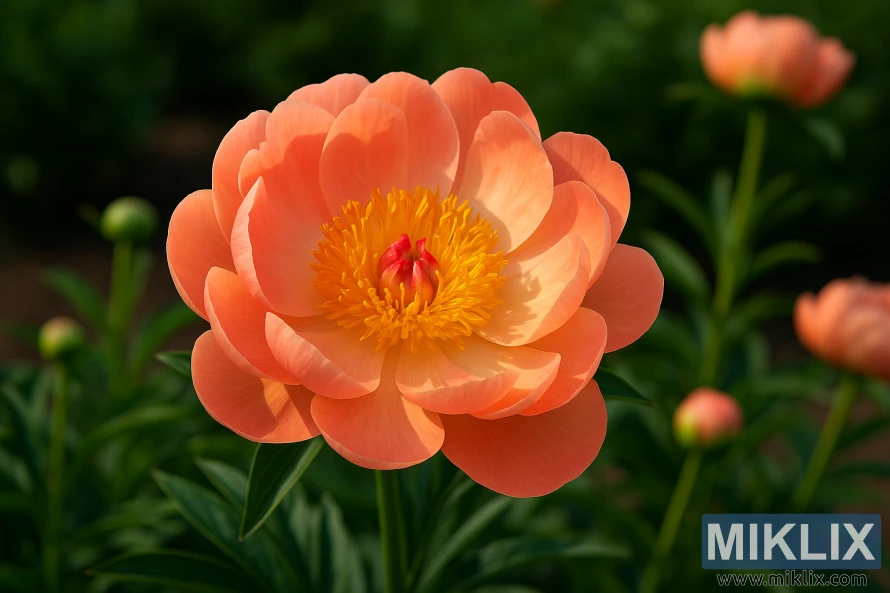 A close-up of a Coral Charm peony with semi-double coral-pink blooms fading to soft peach, surrounded by lush green foliage.