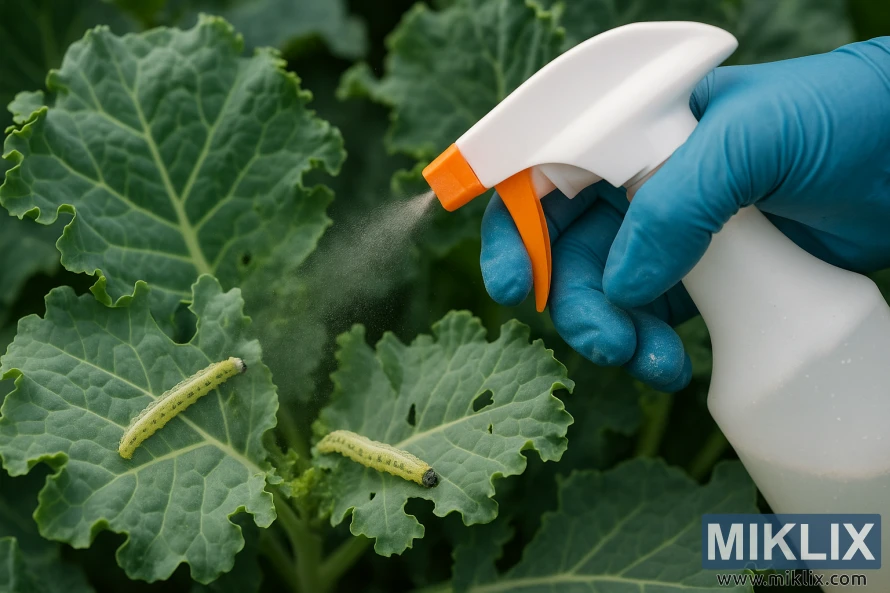 Gloved hand spraying organic pesticide on kale leaves with cabbage worms feeding on them.