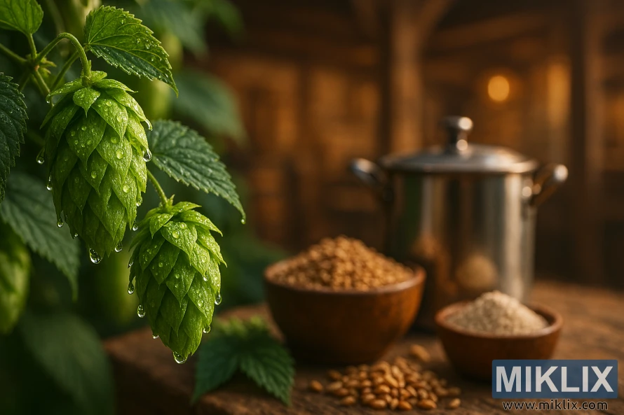 特寫鏡頭展現了新鮮的南方之星啤酒花球果,以及在鄉村環境中擺放的釀酒設備和原料。 特寫鏡頭展現了新鮮的南方之星啤酒花球果,以及在鄉村環境中擺放的釀酒設備和原料。