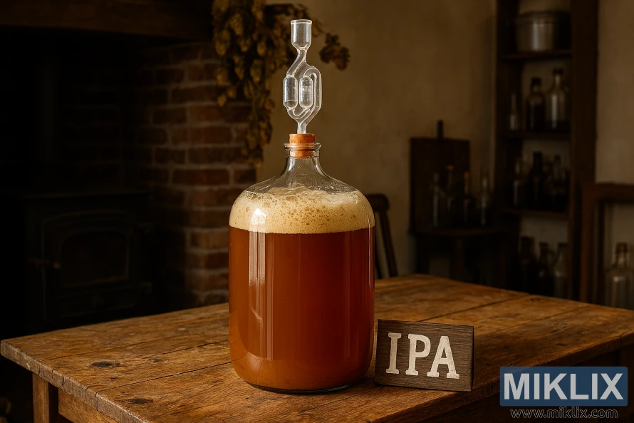 Стаклен карбој кој ферментира IPA на рустична маса во британска домашна пиварница Стаклен карбој кој ферментира IPA на рустична маса во британска домашна пиварница