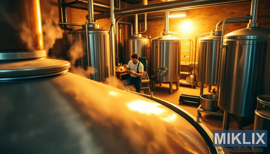 Pivovara s bakrenom kadom za sladovanje koja pari, pivarom koji prati slad i tankovima u toplom svjetlu.