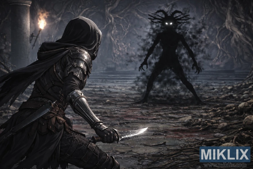 Anime-styl Elden Ring-aanhangerkuns wat die Tarnished in Black Knife-pantser van agter wys, teenoor die skaduryke Begraafplaasskaduwee binne die Black Knife-katakombes.