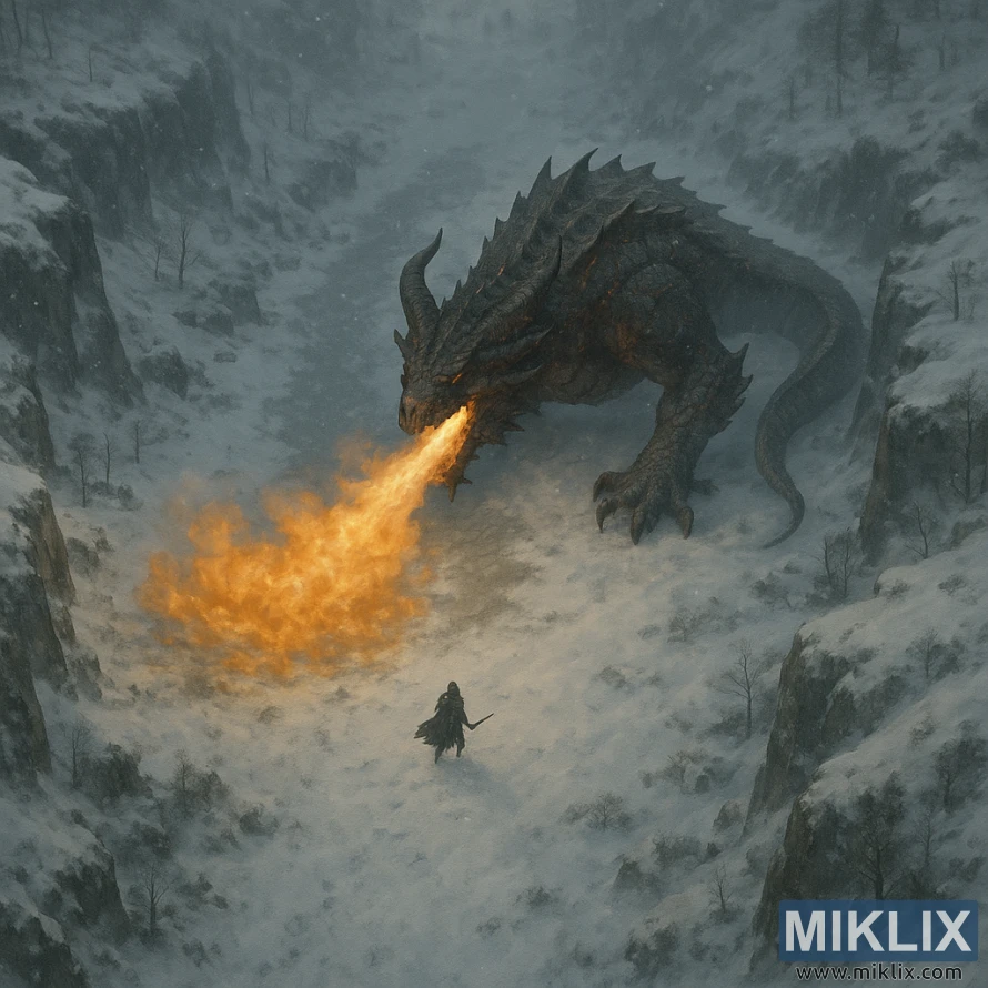 Ovanifrånvy av en kolossal magmaorm som andas eld mot en ensam krigare i en snöig kanjon. Ovanifrånvy av en kolossal magmaorm som andas eld mot en ensam krigare i en snöig kanjon.