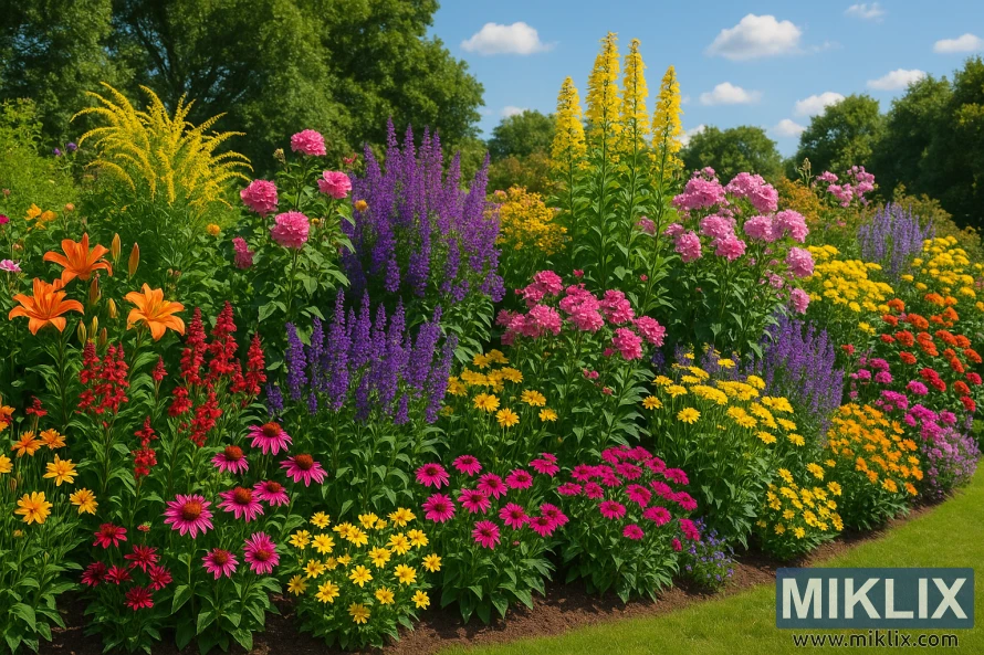 Colorful summer garden border with lilies, phlox, salvia, and coreopsis beside a green lawn.