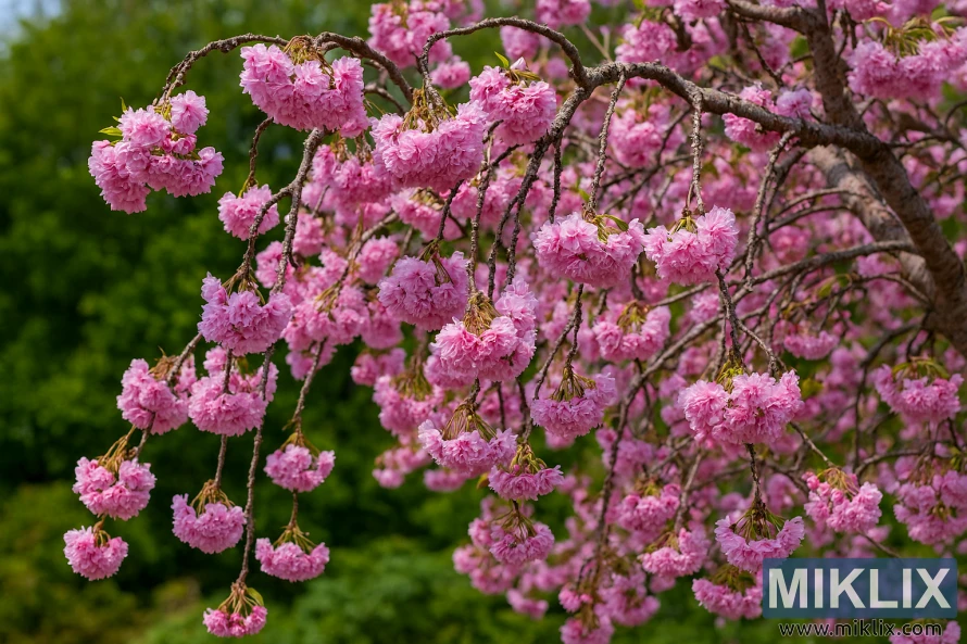Высококачественный пейзаж с плакучей вишней сорта Чил с каскадом ветвей, покрытых пышными розовыми цветами с махровыми лепестками. Высококачественный пейзаж с плакучей вишней сорта Чил с каскадом ветвей, покрытых пышными розовыми цветами с махровыми лепестками.