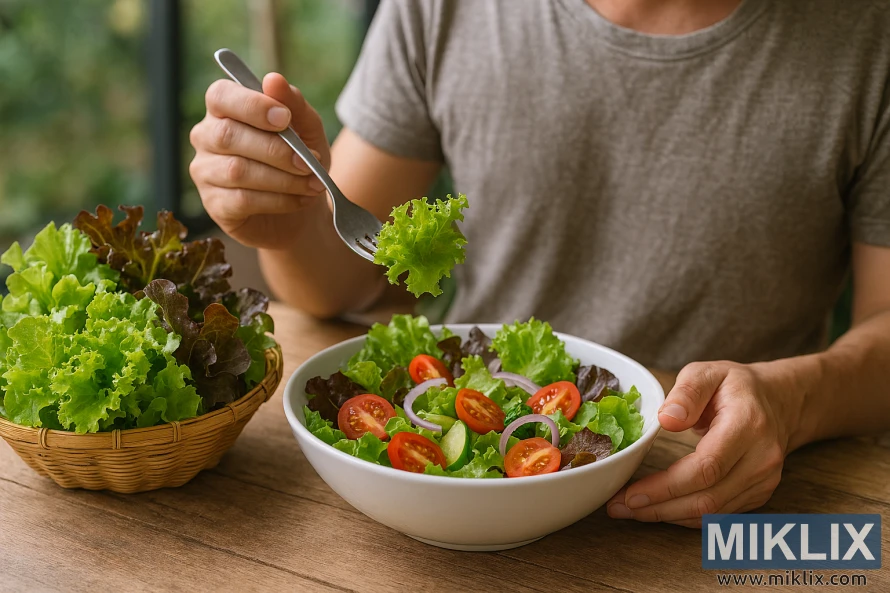 Person eating a fresh salad made with homegrown lettuce at a wooden table