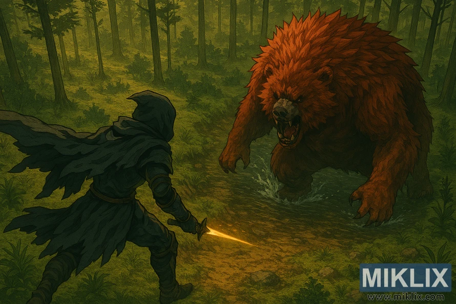 Anime-style fan art showing the Tarnished from behind facing Ralva the Great Red Bear from an elevated angle