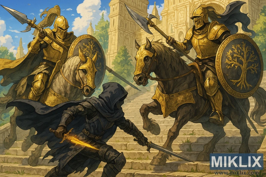 Anime-style fan art of the Tarnished battling two Tree Sentinels on the stairs to Leyndell Royal Capital Anime-style fan art of the Tarnished battling two Tree Sentinels on the stairs to Leyndell Royal Capital