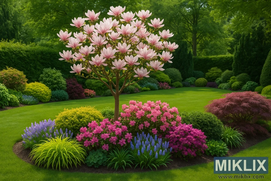 A blooming magnolia tree surrounded by colorful garden plantings, green shrubs, and a manicured lawn in a tranquil landscape.