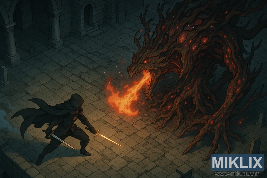 Isometric anime-style artwork of a Tarnished in Black Knife armor facing a fire-breathing Putrid Tree Spirit in the War-Dead Catacombs. Isometric anime-style artwork of a Tarnished in Black Knife armor facing a fire-breathing Putrid Tree Spirit in the War-Dead Catacombs.