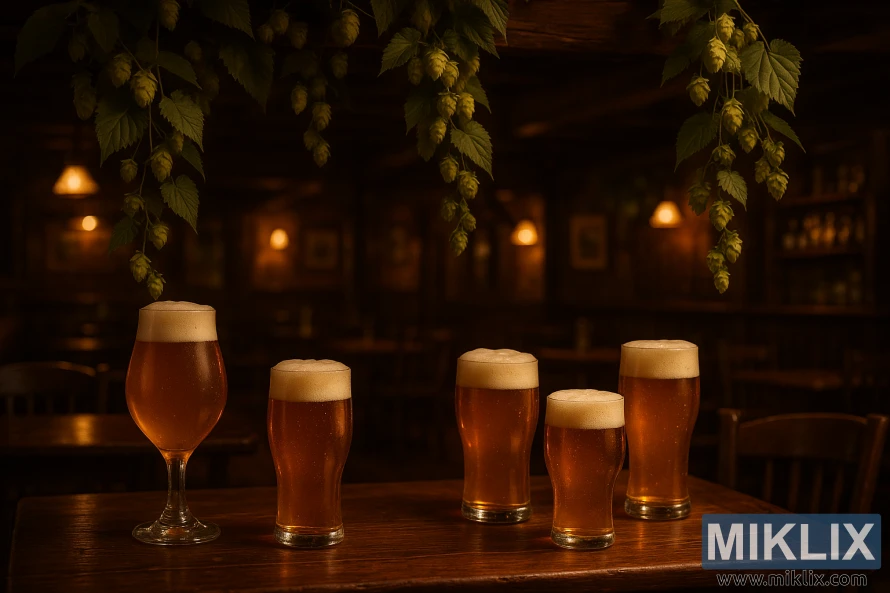 Дулаан шар өнгийн гэрэлтүүлэгтэй хоп усан үзмийн модны доорх модон паб ширээн дээр хөөсөрхөг толгойтой таван алтан але. Дулаан шар өнгийн гэрэлтүүлэгтэй хоп усан үзмийн модны доорх модон паб ширээн дээр хөөсөрхөг толгойтой таван алтан але.