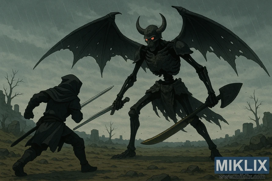 Scéna v štýle krajinného anime, v ktorej Poškvrnení bojujú s týčiacim sa okrídleným Príbuzným z Čiernej čepele s čiernymi kosťami v daždivom poli ruín.