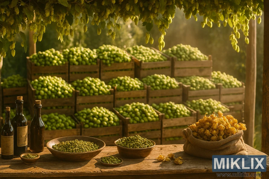Залитый солнцем прилавок хмельного рынка с ящиками свежего хмеля, ингредиентами для пивоварения и каскадом виноградных лоз Залитый солнцем прилавок хмельного рынка с ящиками свежего хмеля, ингредиентами для пивоварения и каскадом виноградных лоз