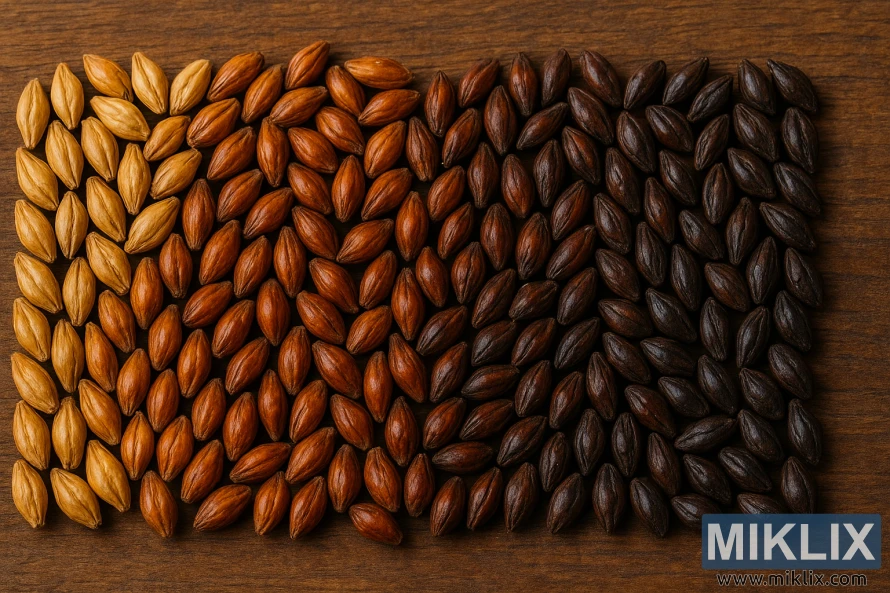 Fire rader med spesialmalt fra gylden karamell til mørk krystall arrangert på rustikk tre.