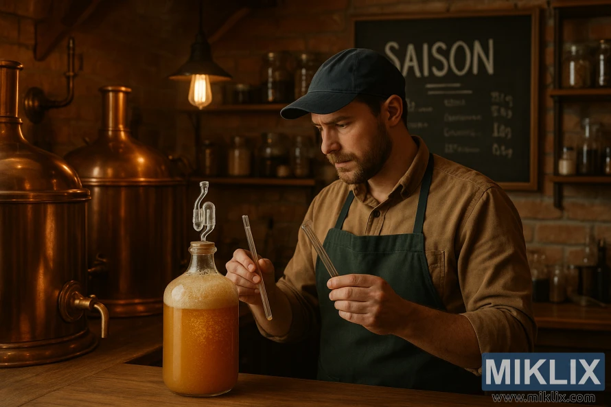 Panimomestari tarkistaa saison-viinin käymisen viihtyisässä kuparikattiloilla varustetussa panimossa.