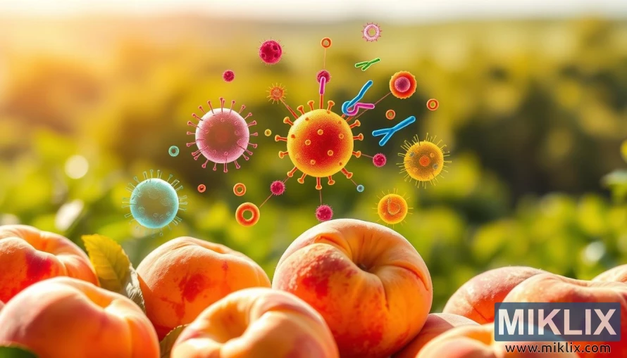 వియుక్త రోగనిరోధక కణాలు మరియు యాంటీఆక్సిడెంట్లతో తాజా పీచుల ఉదాహరణ. వియుక్త రోగనిరోధక కణాలు మరియు యాంటీఆక్సిడెంట్లతో తాజా పీచుల ఉదాహరణ.