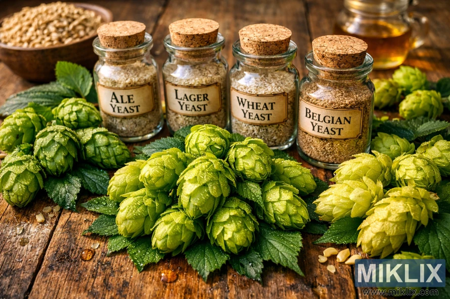 Fresh green hops with dew arranged on a rustic wooden table alongside labeled glass jars of brewing yeast in warm sunlight