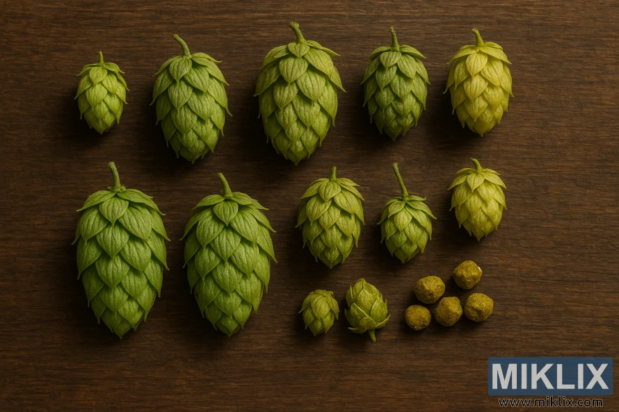 Stilleben av Eureka humlekegler med Chinook- og Cascade-varianter på en rustikk trebakgrunn under mykt lys.