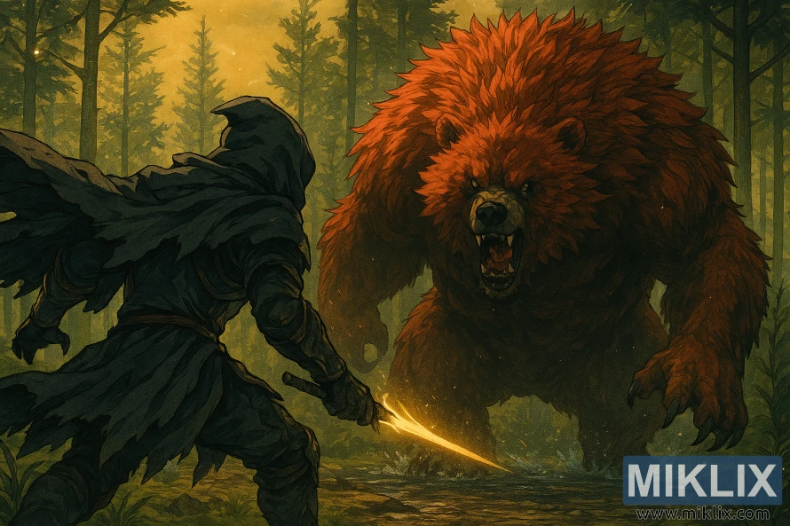 Anime-style fan art showing the Tarnished from behind facing Ralva the Great Red Bear