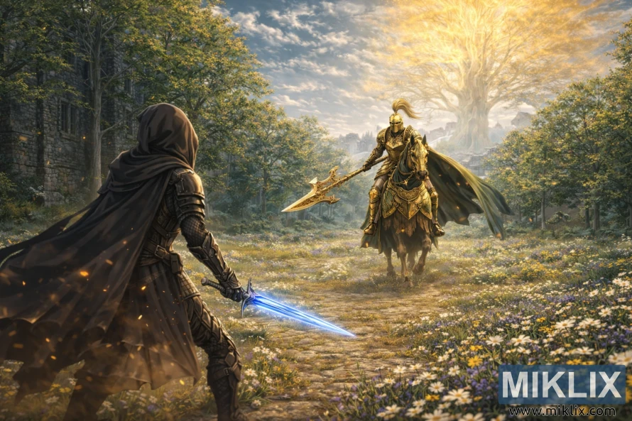 Wide anime-style scene of the Tarnished in Black Knife armor holding a glowing blue sword while facing the Tree Sentinel on horseback with a golden halberd in a sunlit meadow.