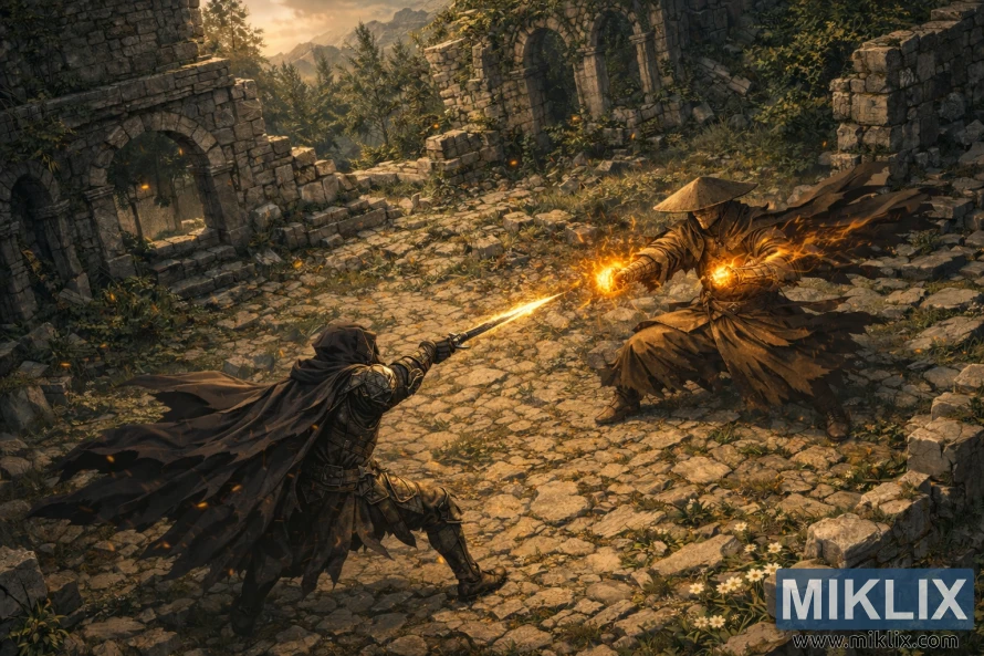 Isometric dark fantasy fan art of the Tarnished in Black Knife armor thrusting a glowing dagger forward at Dryleaf Dane amid the ruined stone courtyard of Moorth Ruins. Isometric dark fantasy fan art of the Tarnished in Black Knife armor thrusting a glowing dagger forward at Dryleaf Dane amid the ruined stone courtyard of Moorth Ruins.