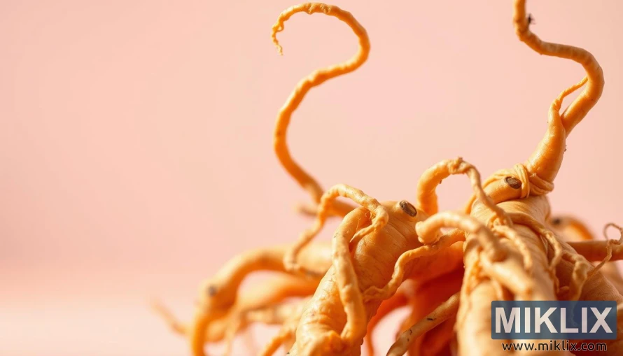 Posnetek od blizu svežih korenin ginsenga, ki žarijo v toplih jantarnih odtenkih. Posnetek od blizu svežih korenin ginsenga, ki žarijo v toplih jantarnih odtenkih.