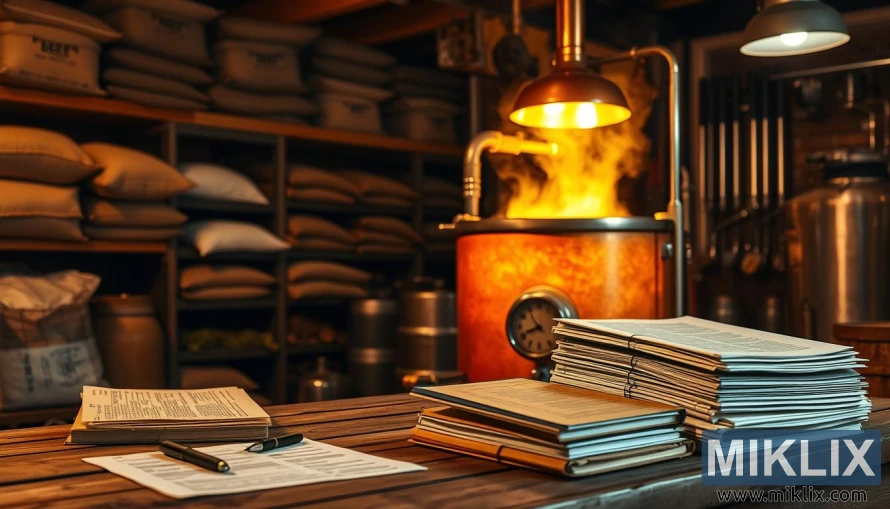 Svakt opplyst bryggerom med kobberkjele av boblende ravurt og hyller med malt og humle.