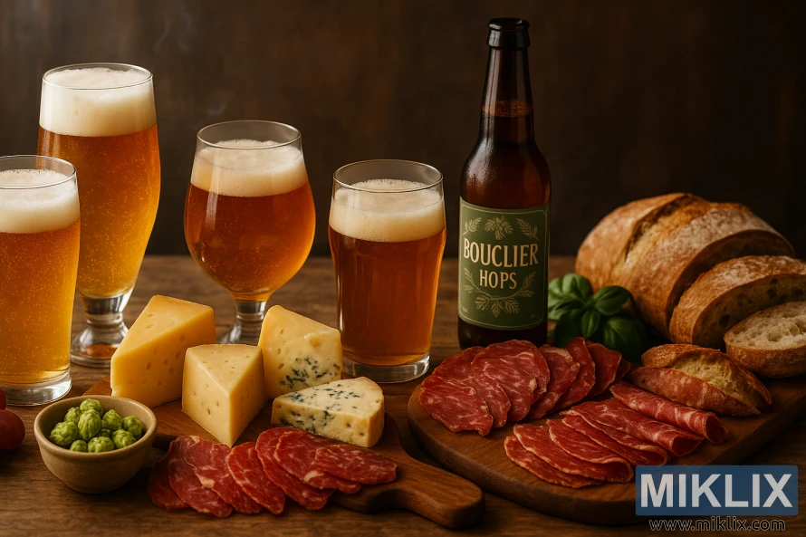 A rustic still life featuring craft beers paired with cheeses, cured meats, and bread on a wooden table.