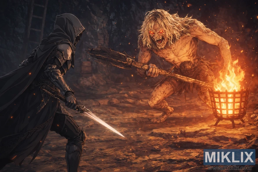 Anime style Elden Ring fan art of a Black Knife armored Tarnished facing a towering Scaly Misbegotten in a fiery cave just before battle.