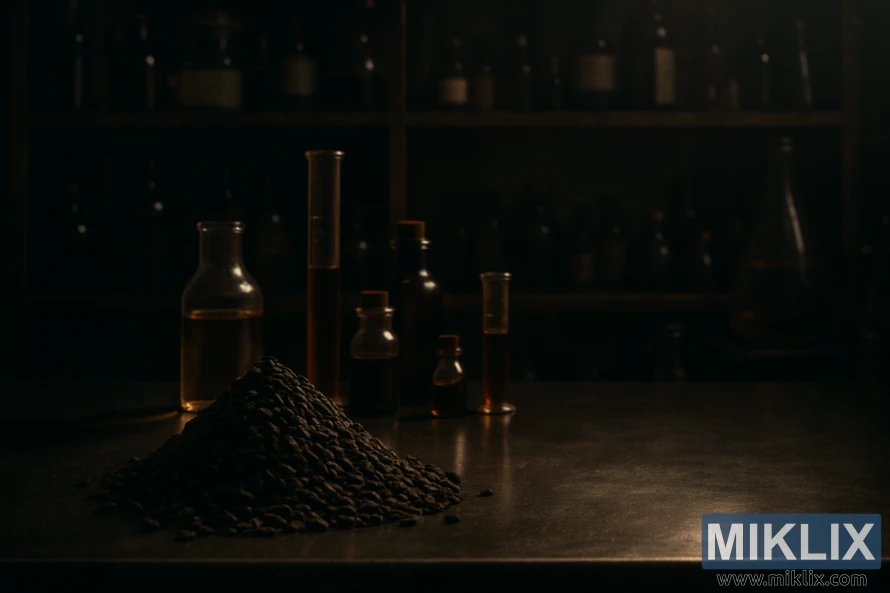 Stekt svartmaltprøve på ståldisk i dunkelt bryggelaboratorium med hetteglass og varmt lys. Stekt svartmaltprøve på ståldisk i dunkelt bryggelaboratorium med hetteglass og varmt lys.