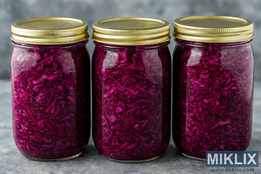 Three glass jars filled with vibrant purple red cabbage sauerkraut on a gray surface