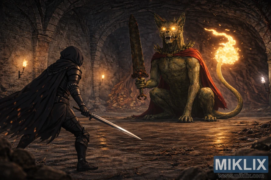Anime fantasy warrior seen from behind on the left holding a sword while facing a giant seated stone watchdog boss with glowing eyes and a flaming tail in a torchlit underground catacomb. Anime fantasy warrior seen from behind on the left holding a sword while facing a giant seated stone watchdog boss with glowing eyes and a flaming tail in a torchlit underground catacomb.