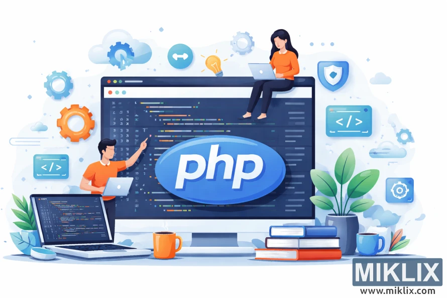 Ilustración del desarrollo PHP con letras PHP grandes, desarrolladores trabajando en computadoras portátiles y código mostrado en una pantalla