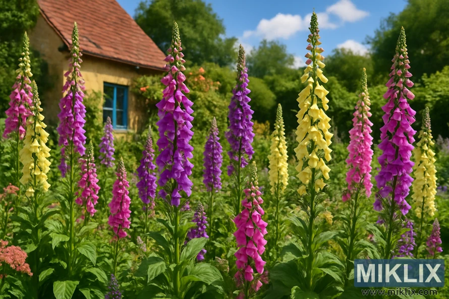 Վարդագույն, մանուշակագույն և դեղին երանգների բարձր աղվեսծաղիկներ ծաղկում են փարթամ տնակի այգում՝ վառ կապույտ ամառային երկնքի տակ։ Վարդագույն, մանուշակագույն և դեղին երանգների բարձր աղվեսծաղիկներ ծաղկում են փարթամ տնակի այգում՝ վառ կապույտ ամառային երկնքի տակ։