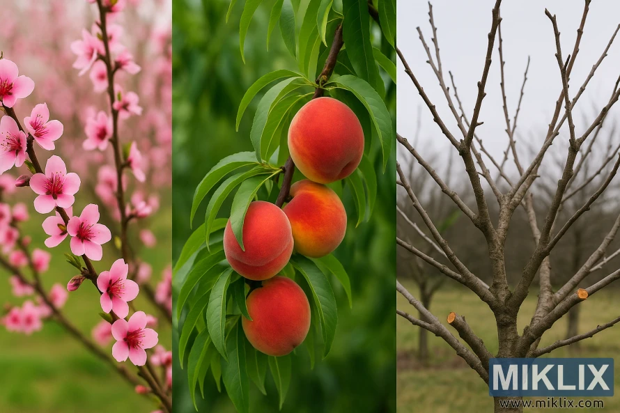 Triptych showing a peach tree in spring with pink blossoms, in summer with ripe peaches, and in winter after pruning.